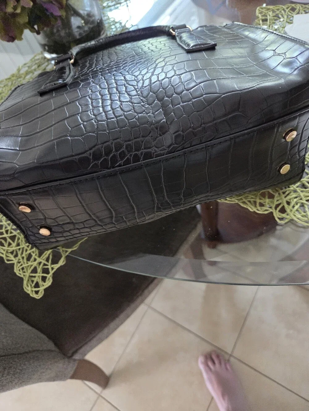 Kurt Geiger Black Croc-Embossed Satchel with Gold Hardware